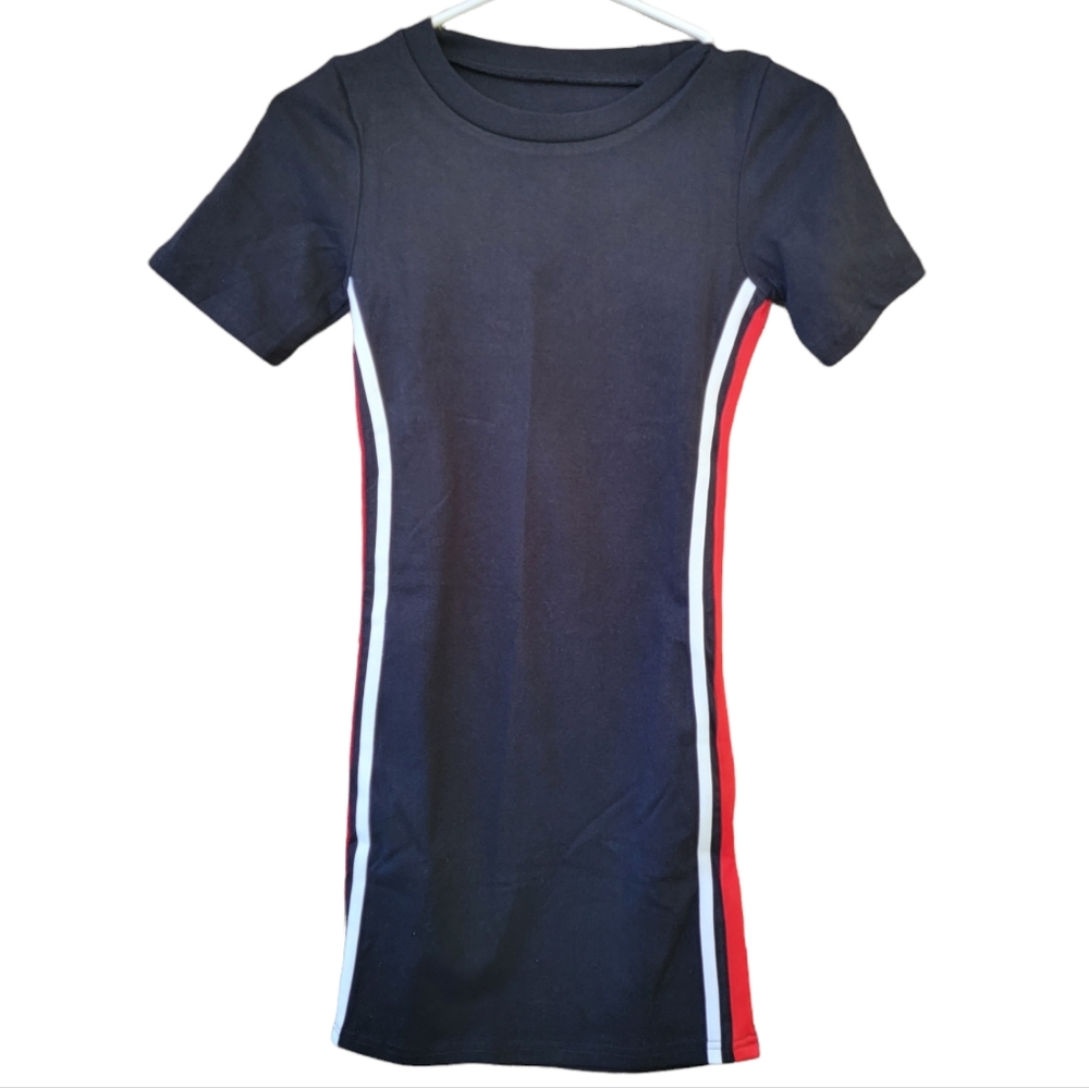NWT Halara Black Bodycon Mini Dress Size S Red White Stripe Short Sleeve